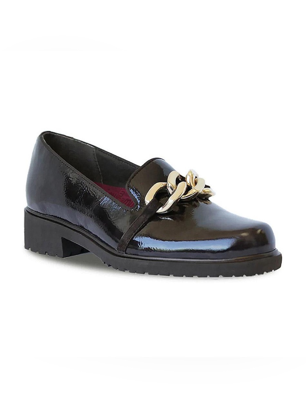 Munro® Viv Black Crinkle Patent Loafer Chunky Gold Chain Detail